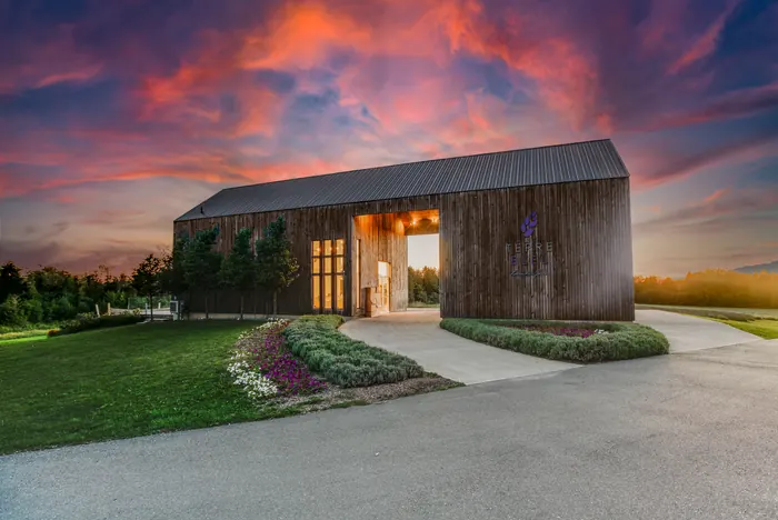Modern timber commercial building at sunset