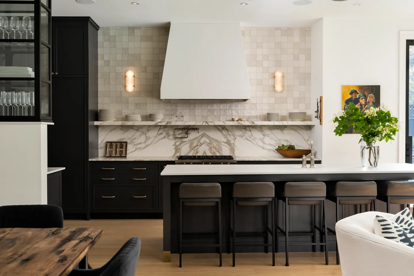 Flash photograph of a dark modern kitchen