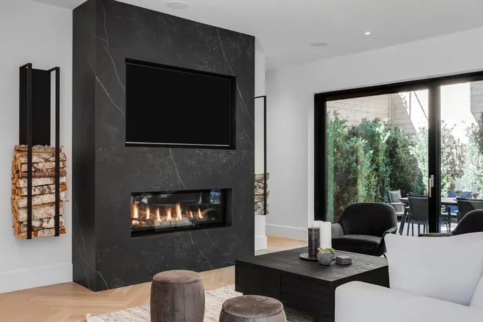 HDR living room with marble fireplace